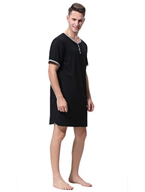 Sykooria Men's Nightshirt Short Sleeve Henley Kaftan Sleepshirt Comfy Long Sleeve Nightwear with Pocket