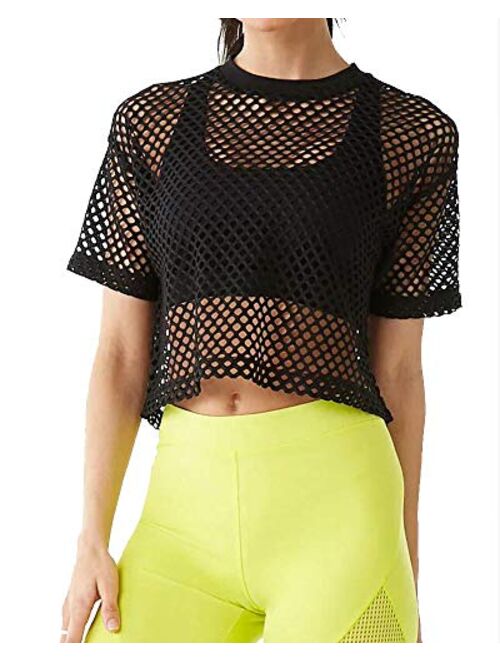 CLOZOZ Women's Mesh Cover Up See Through Fishnet T-Shirt Crop Top