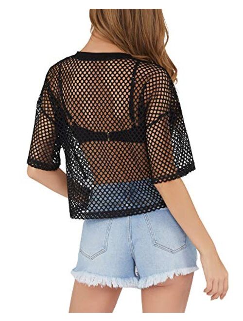 CLOZOZ Women's Mesh Cover Up See Through Fishnet T-Shirt Crop Top
