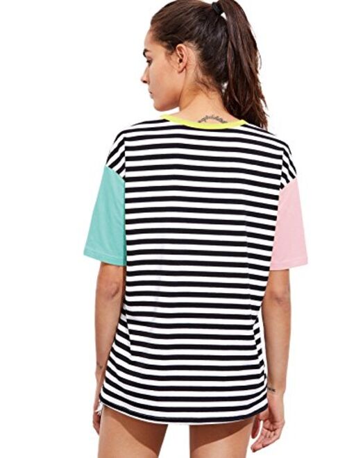 Romwe Women Crewneck Striped Short Sleeve T-Shirt Top Blouse
