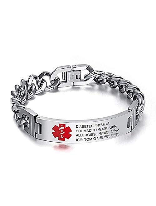 Personalized Emergency Medical Bracelets for Men Women for 7.5 to 8.5 Inches Free Engrave Medical ID Bracelets for Men Women Tag Stainless Steel Medical Alert Bracelets