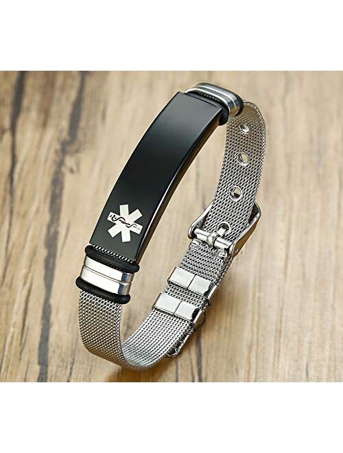 MEALGUET Custom Engraving-Stainless Steel Mesh Wristband Adjustable Medical Alert ID Bracelets for Men Women
