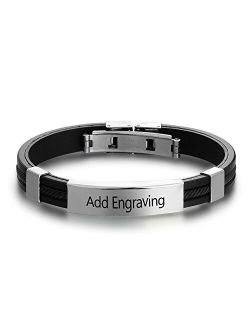 Personalized Engraved Stainless Steel Rubber Bracelet for Men Women Kids DIY Custom Name Date ID Bracelet