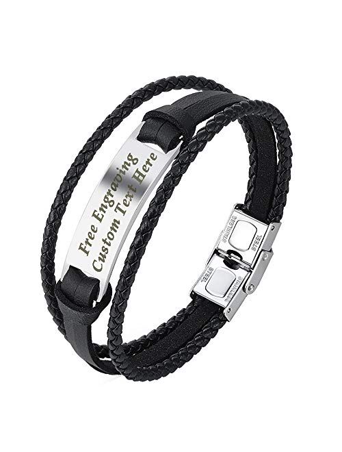 GAGAFEEL Leather Cuff Bracelet Braided Rope Custom Engraved Logo ID Stainless Steel Bangle DIY Birthday Xmas Gift