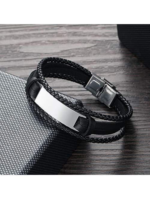 GAGAFEEL Leather Cuff Bracelet Braided Rope Custom Engraved Logo ID Stainless Steel Bangle DIY Birthday Xmas Gift