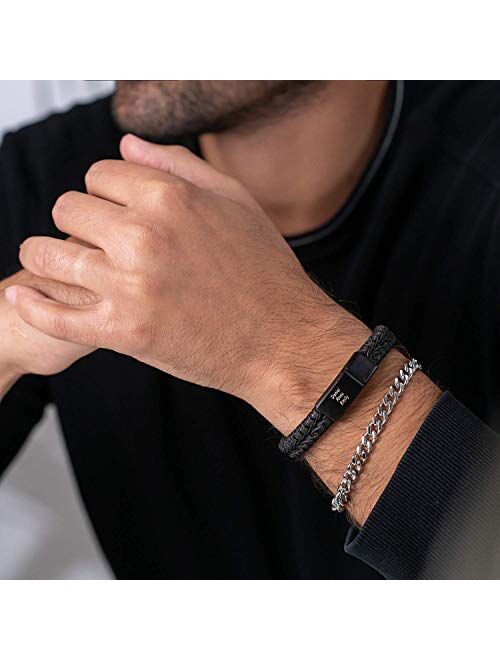 MyNameNecklace Men Personalized Engraved Bracelet Stainless Steel and Black Leather Custom ID Any Name Initials- Fathers Day Gift for Him
