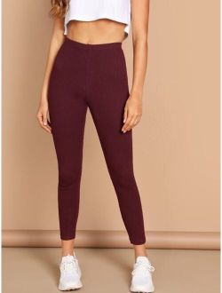 High Waist Ribbed Knit Solid Leggings