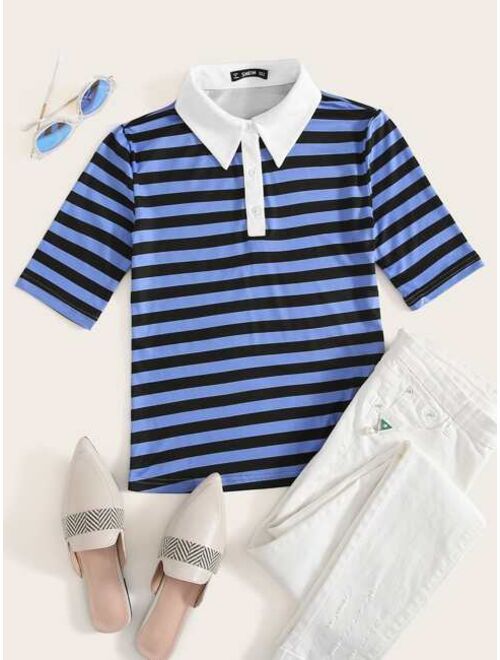 Buy Shein Contrast Collar Striped Polo Shirt online | Topofstyle