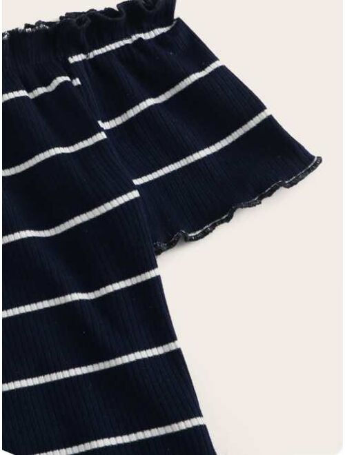 Shein Striped Lettuce Trim Rib-knit Bardot Top