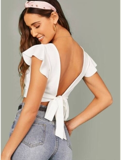 Square Neck Ruffle Trim Knot Back Crop Top