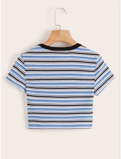 Shein Contrast Neck Striped Rib-knit Crop Tee