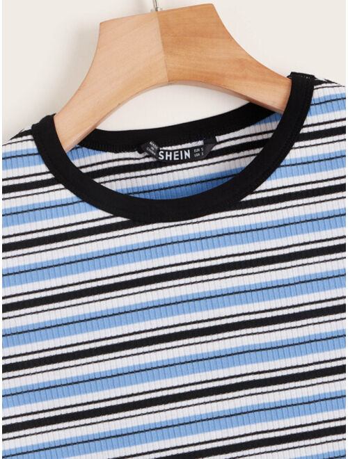 Shein Contrast Neck Striped Rib-knit Crop Tee