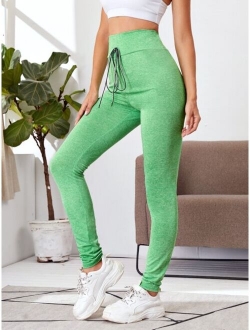 Wide Waistband Knot Front Marled Leggings