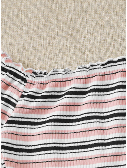 Shein Lettuce Trim Rib-knit Striped Top
