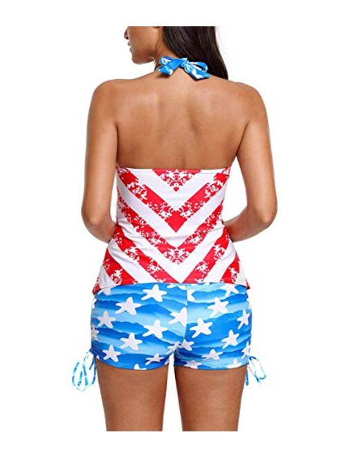 Lashaper Women Patriotic American Flag Stars Stripes Fringe Tankini Swimsuit Set Bathing Suit