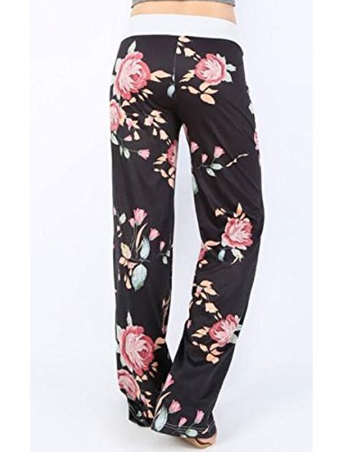 Angashion Womens High Waist Casual Floral Print Drawstring Wide Leg Pants 