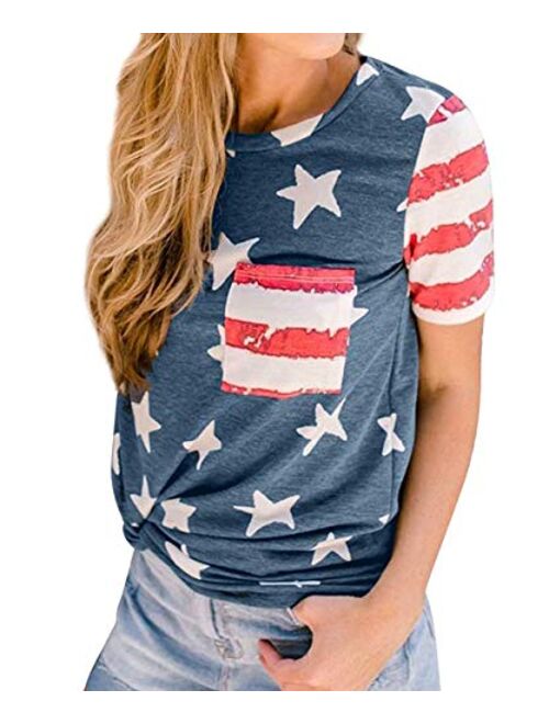 zarmfly Womens American Flag Shirt USA Flag Stars Stripes Print Short Sleeve July 4th Patriotic Graphic Tees Tops