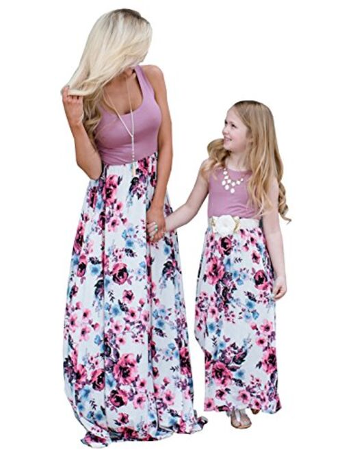 American Flag Mother and Me Matching Clothes,Floral Printed Family Beach Maxi Dress with Pockets