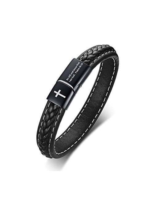 MEALGUET Genuine Braided Leather Cuff Bracelet Christian Bible Verse Religous Inspirational Quote Cross Leather Bracelets with Magnet Clasp for Men