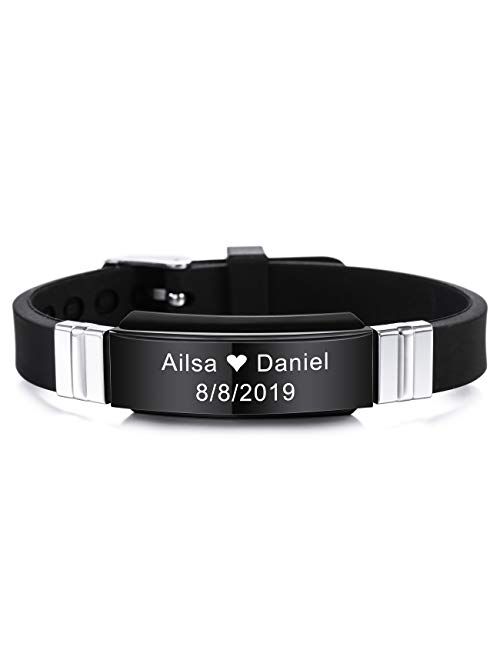 Custom Engraved Name Silicone Stainless Steel ID Tag Bracelet Personalized Jewelry Gift for Him 