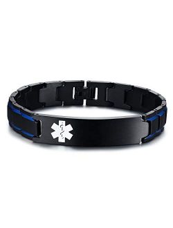 MEALGUET Custom Free Engraving Stainless Steel 2-Tone Black Brushed Medical Alert Link Wristband ID Bracelet for Men