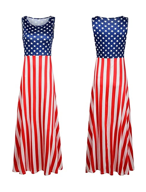 Dongpai Women's 4th of July USA American Flag Stars and Stripes Print Sleeveless Tank Maxi Dress with Pockets