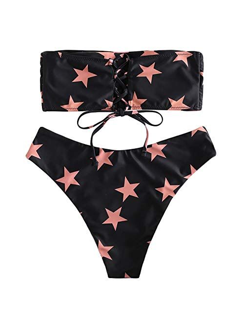 ZAFUL Bathing Suit 2 Pieces Star Strapless Lace Up Boning Side Padded Bandeau Bikini Set