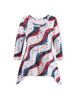 Stars and Stripes 3/4 Sleeve Sequin Sharkbite Top - 4th of July, Patriotic Clothing