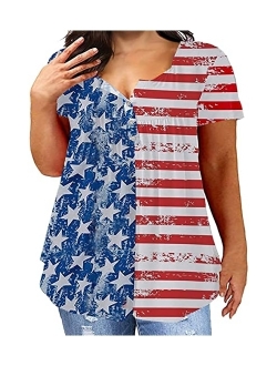 Yskkt Plus Size 4th of July Short Sleeve T Shirts Henley V Neck Tees American Flag Printed Summer Patriot Tops