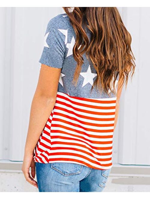 Dauocie Womens American Flag Tops 4th of July Shirt Summer Short Sleeve Knot Twist Front Patriotic USA Blouse
