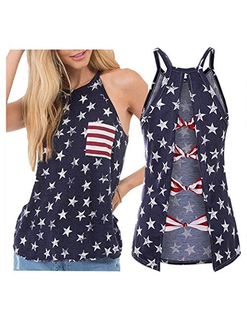 Qrupoad Womens 4th of July Tank Top Sexy Knot Open Back American Flag Summer Sleeveless Pocket Tanks Tees Shirts