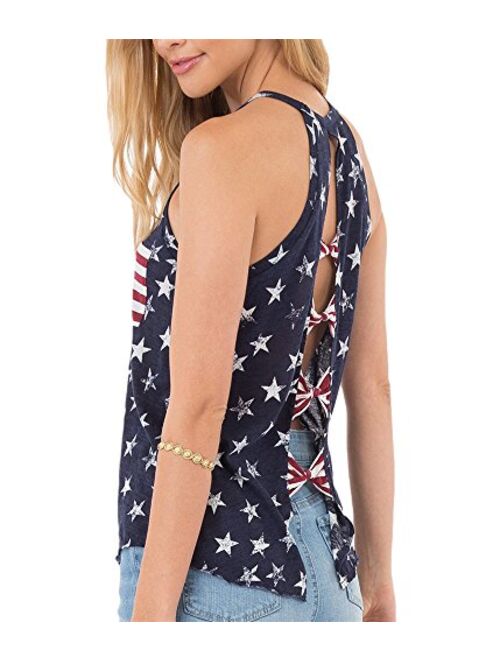 Qrupoad Womens 4th of July Tank Top Sexy Knot Open Back American Flag Summer Sleeveless Pocket Tanks Tees Shirts