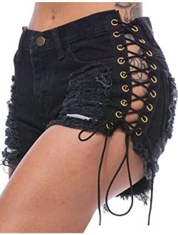 Sexyshine Women's Sexy Low Waist Rise Hot Pants American Flag High Cut Mini Denim Bandage Beach Clubwear Shorts