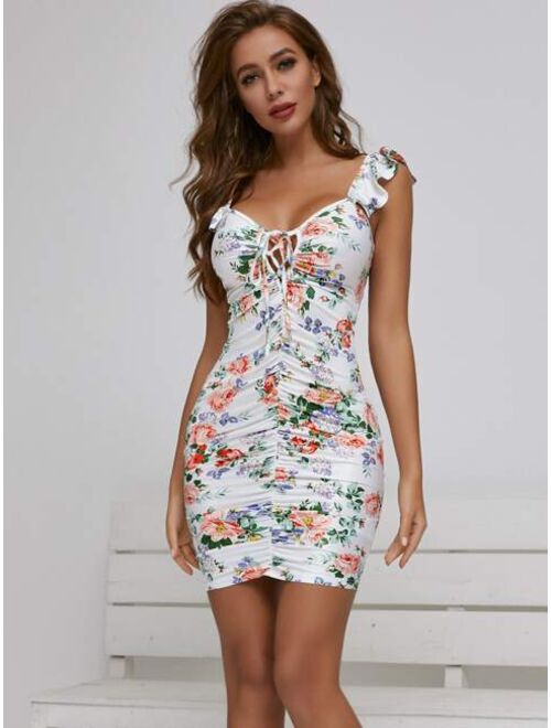 SBetro Lace Up Front Ruched Floral Dress