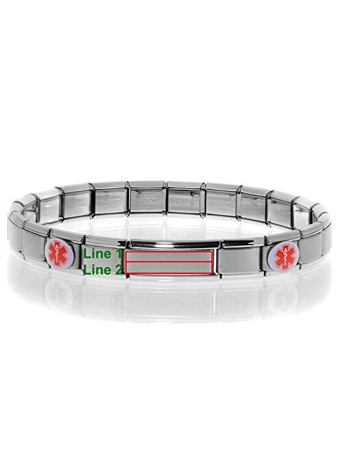 Dolceoro Medical Alert ID Bracelet - Customize Fitting and Engraving - Stretchable Modular Charm Link - Stainless Steel