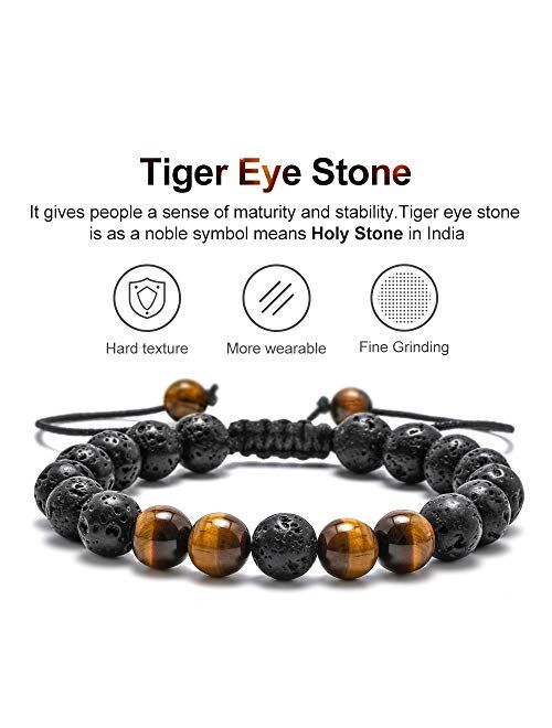 Lava Rock Bracelet - 8mm Stone Tiger Eye Bracelet Lava Rock Bracelet, Stress Relief Yoga Beads Adjustable Bracelet Anxiety Aromatherapy Essential Oil Diffuser Healing Lav