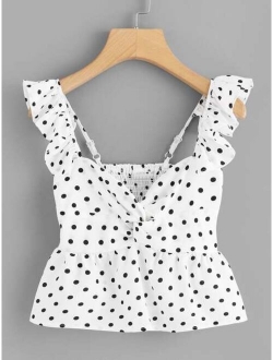 Twist Front Polka Dot Crop Peplum Top
