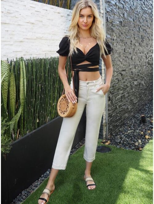 Shein Twist Front Crisscross Tie Front Crop Top