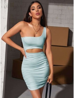 One Shoulder Cutout Detail Ruched Dress
