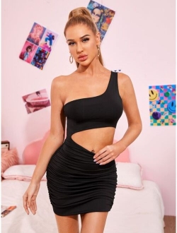 One Shoulder Cutout Detail Ruched Dress