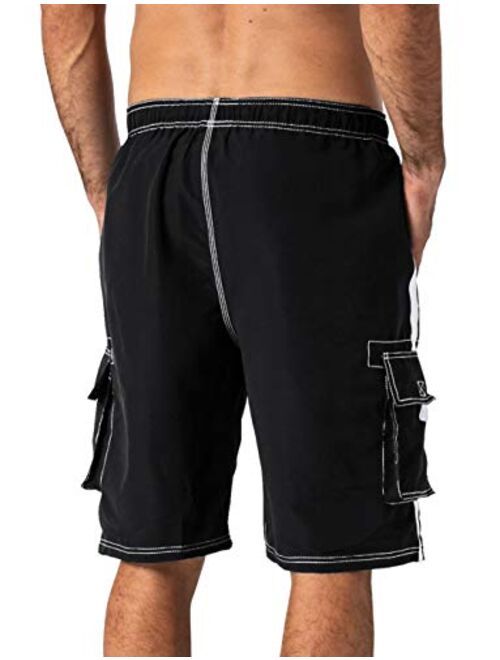 Wohthops Men's Quick Dry Swim Trunks Side Stripe Bathing Suit Board Shorts with Mesh Lining Cargo Pockets