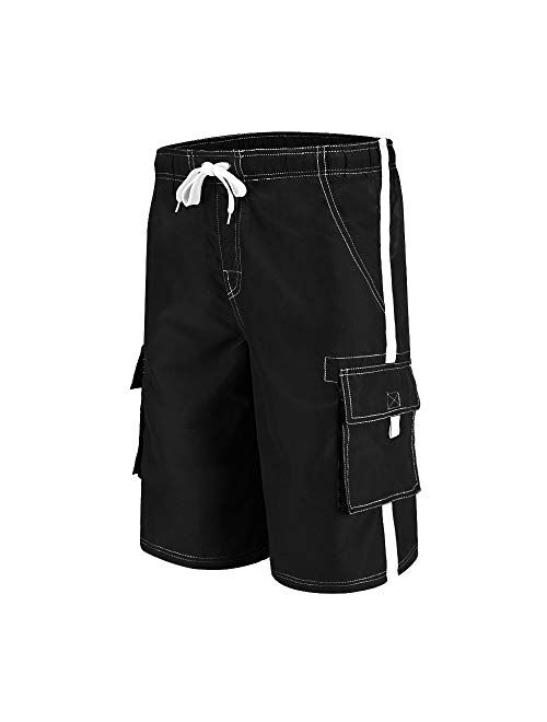 Wohthops Men's Quick Dry Swim Trunks Side Stripe Bathing Suit Board Shorts with Mesh Lining Cargo Pockets