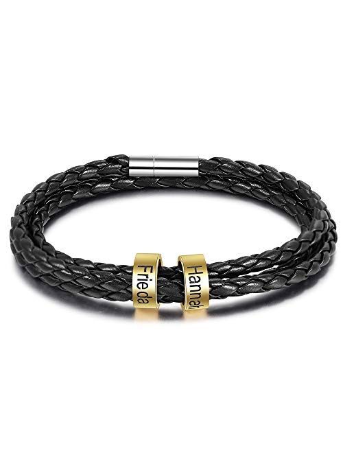 FenFang Personalized Mens Leather Bracelet with Beads Bracelets for Men Custom Name Bracelet Engraved Bracelet