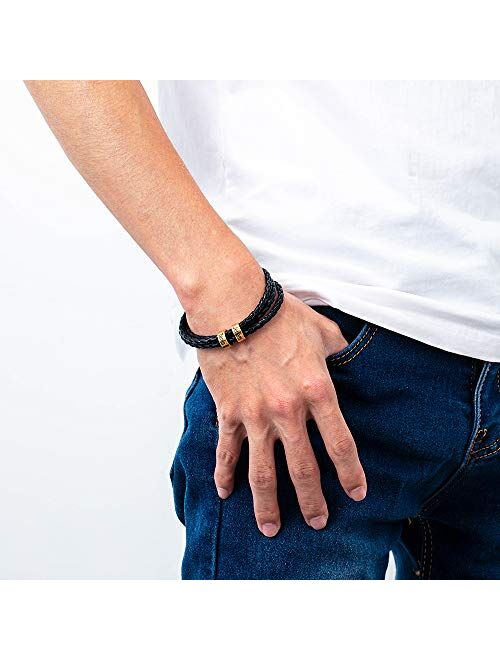 FenFang Personalized Mens Leather Bracelet with Beads Bracelets for Men Custom Name Bracelet Engraved Bracelet
