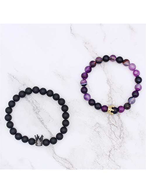 POSHFEEL 8mm Natural Stone CZ Micro Pave Crown King Queen Beads His and Hers Couple Bracelet, 7.5