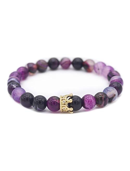 POSHFEEL 8mm Natural Stone CZ Micro Pave Crown King Queen Beads His and Hers Couple Bracelet, 7.5