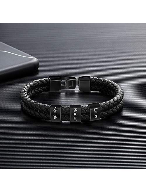 LanM Personalized Men Black Braid Bracelet Custom Bracelet for Men with Small Custom Beads Men's ID Bracelet