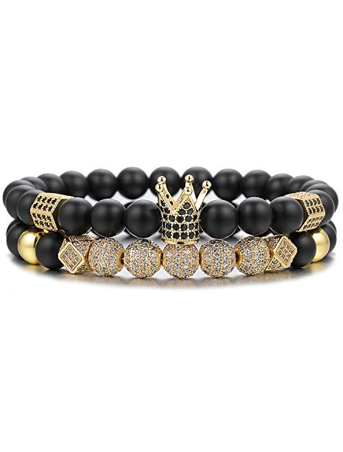 FUNEIA 2PCS 8mm Crown King Charm Beads Bracelet for Men Women Natural Black Matte Onyx Stone Beads, 7.5"