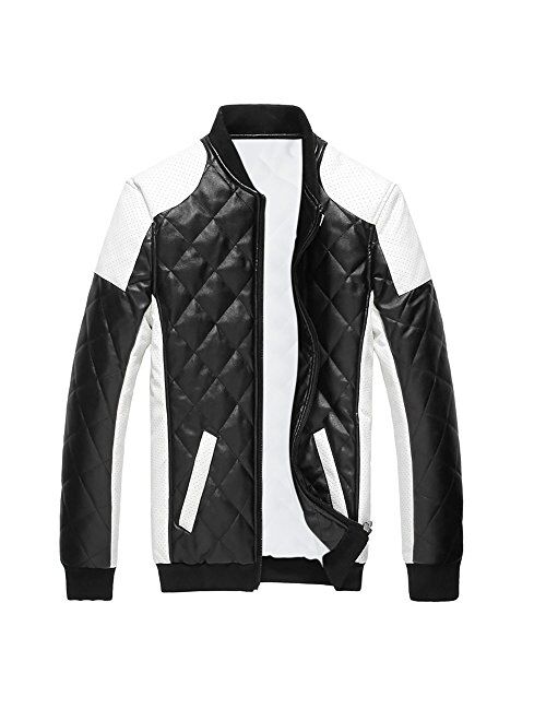 Cloudstyle Men's Latticed Baseball Bomber Jacket Slim Fit Coat White Black