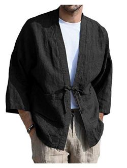 Makkron Mens Janpanese Kimono Cardigan Jacket Yukata Cotton Linen Casual Seven Sleeve Open Front Shirt